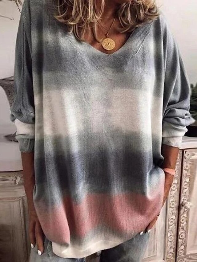  Tunique Femme Quotidien Teinture par Nouage Manches Longues Col en V Elégant Gris Clair Hauts Ample