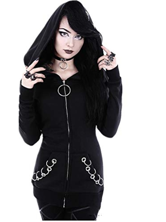  gótico punk solto de manga comprida com capuz cor sólida casaco casaco preto