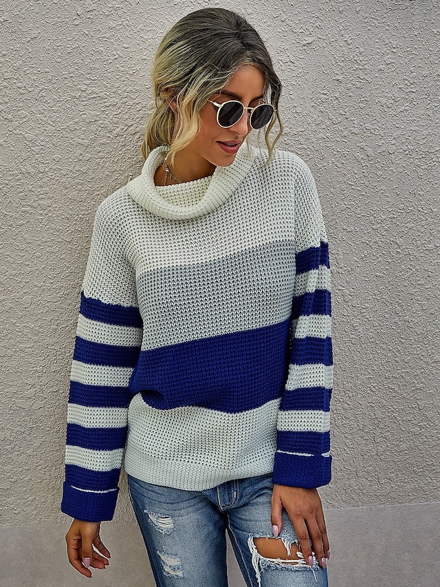  Women's Stylish Knitted Color Block Pullover Acrylic Fibers Long Sleeve Loose Sweater Cardigans Turtleneck Fall White Black Blue