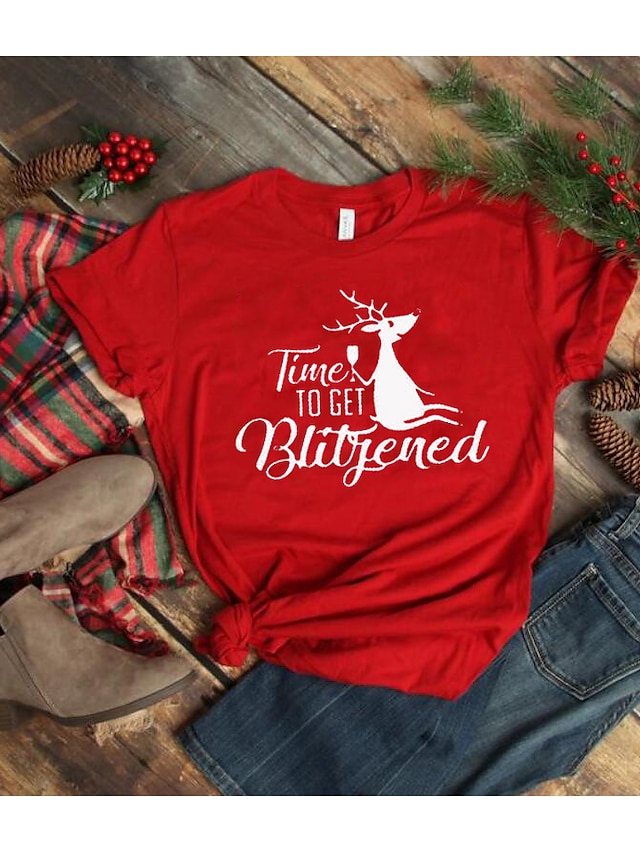  Mujer Navidad Camiseta Gráfico Estampados Letra Estampado Escote Redondo Tops 100% Algodón Básico Navidad Top básico Negro Rojo Vino