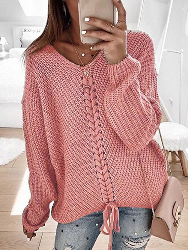  Women's Pullover Sweater jumper Jumper Chunky Crochet Knit Knitted V Neck Solid Color Work Daily Basic Stylish Drop Shoulder Winter Fall Wine Red Pink S M L / Long Sleeve / Spring / Holiday / Casual