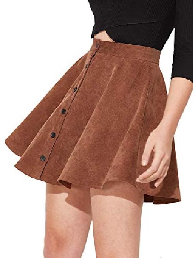  women's button up flare a-line corduroy skater cord short skirt brown