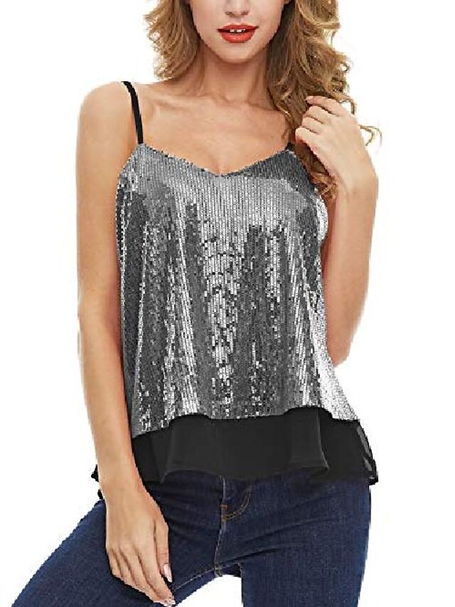 women's sleeveless shining camisole sequined vest sequin tank tops (black silver, m)