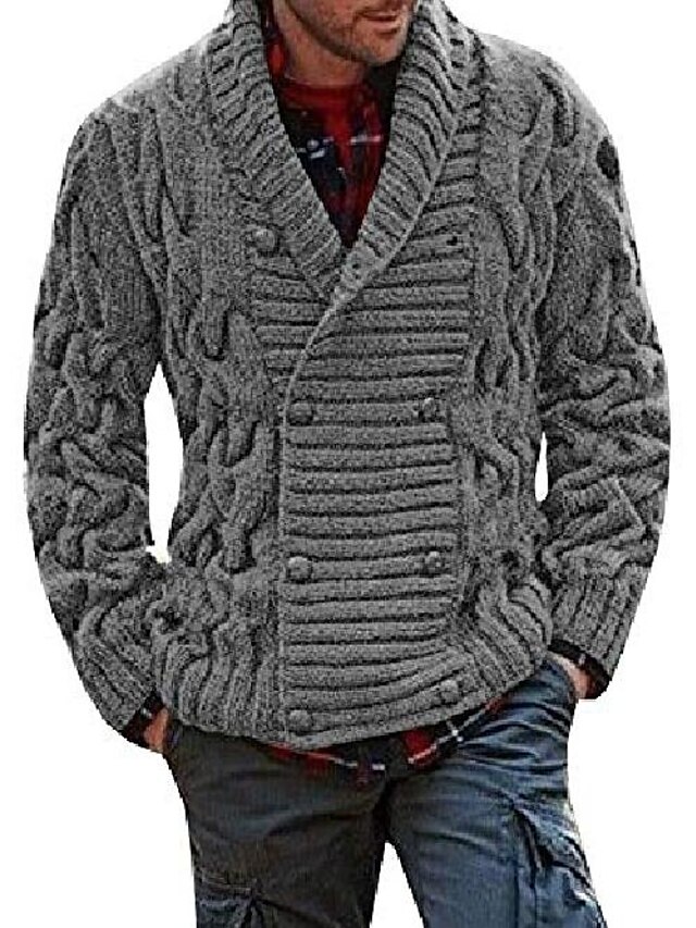  Cárdigan grueso de cuello chal para hombre chaqueta de suéter de punto de cable cruzado gris