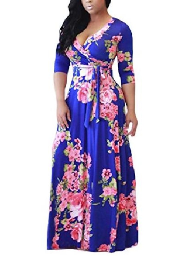  womens long sleeve floral printed faux wrap self-tie swing maxi bohemian dress plus size blue