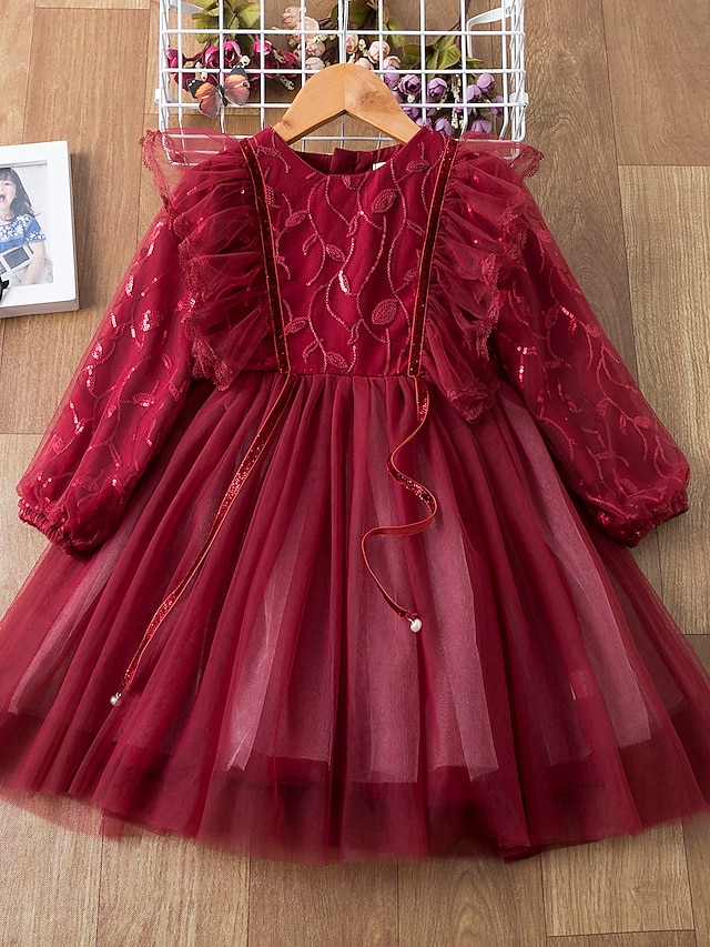  Niños Poco Chica Vestido Color sólido Encaje Dorado Rojo Hasta la Rodilla Manga Larga Activo Vestidos