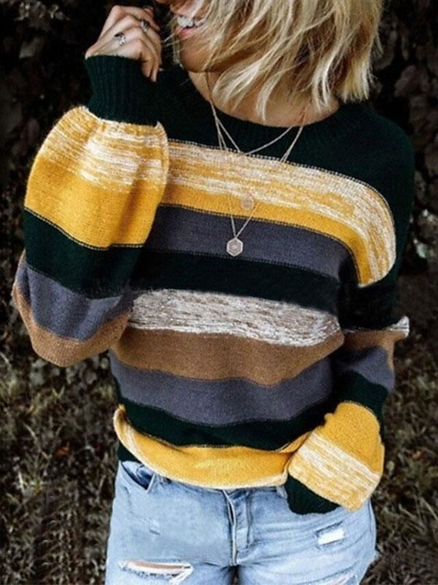  Women's Pullover Striped Stripe Knitted Basic Long Sleeve Sweater Cardigans Fall Winter Crew Neck Round Neck Blue Purple Yellow