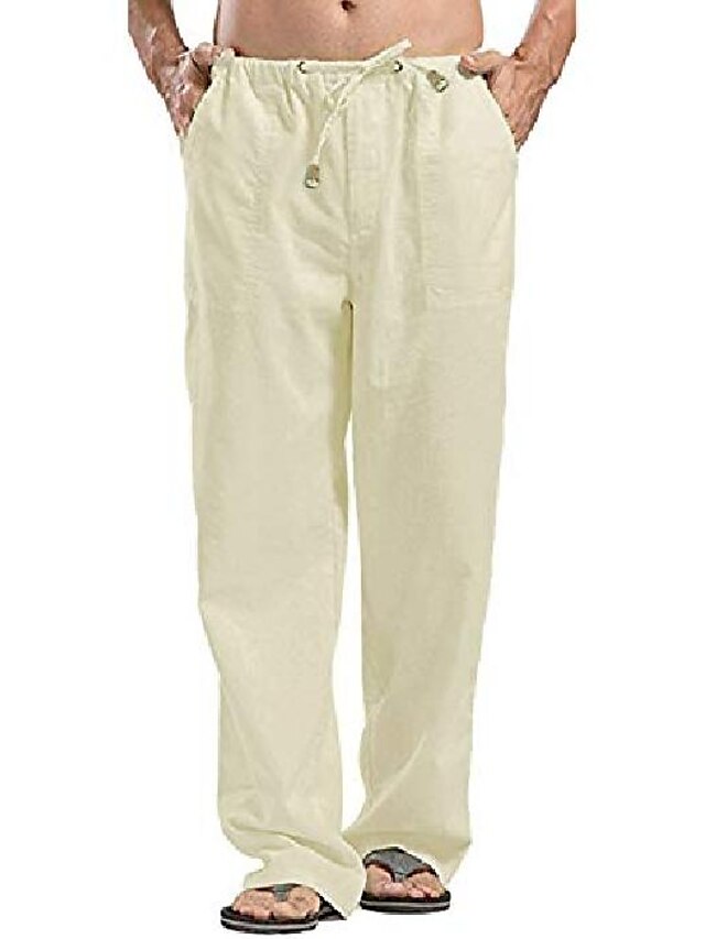  men casual beach trousers linen summer pants beige m