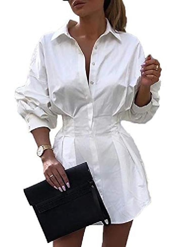  womens sexy long sleeve button down cinched waist mini shirt dress white medium