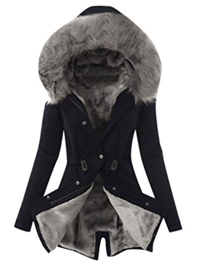  women's winter plus size overcoat fashion solid thick plush lining hooded coat ladies button long jacket black