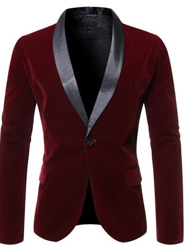 Black / Blue / Wine Solid Colored Regular Fit Velvet Men's Suit - Peaked Lapel