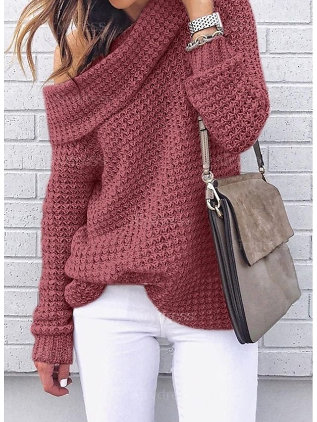  Women's Knitted Solid Color Pullover Long Sleeve Sweater Cardigans One Shoulder Fall Winter Black Red Blushing Pink