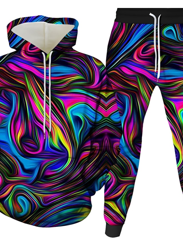  Herren Grafik 3D 3D Hoodies Set 2 Teile 3D-Druck Täglich Alltag Kapuzenpullover Sweatshirts Purpur Grün Regenbogen
