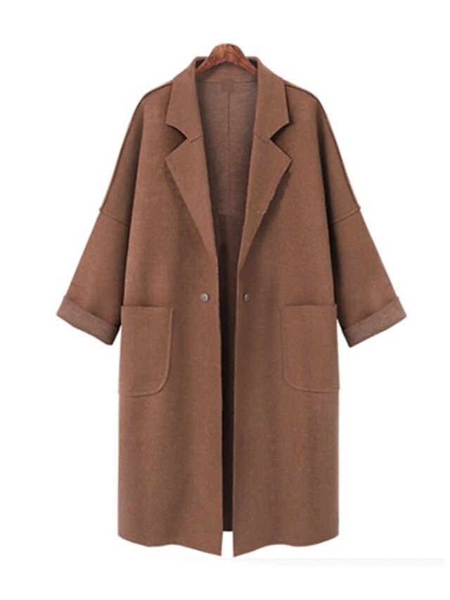  Women's Coat Daily Fall & Winter Long Coat Regular Fit Active Jacket Long Sleeve Solid Colored Dark Gray Brown / Wool
