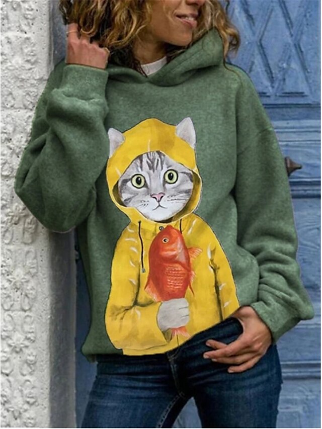  Damen Katze Kapuzenshirt Zur Seite fahren Täglich Alltag Kapuzenpullover Sweatshirts Rosa Grau Grün