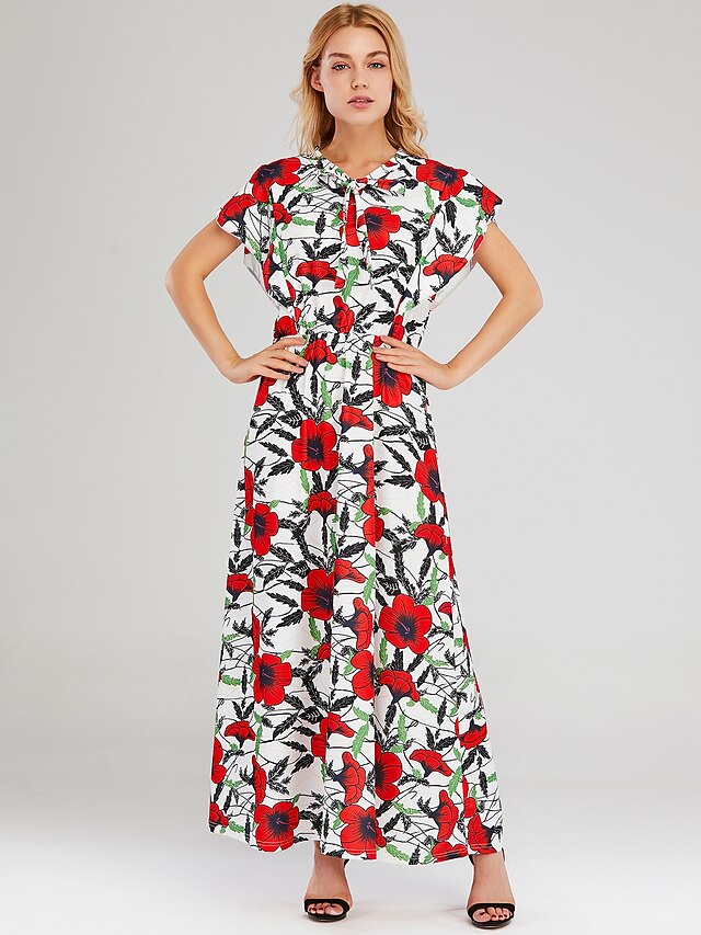  Women's A Line Dress Maxi long Dress Rainbow Short Sleeve Floral Bow Spring Summer V Neck Elegant Casual 2021 S M L XL