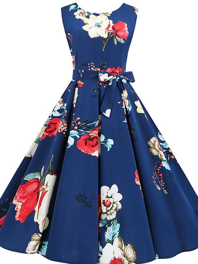  Damen A Linie Kleid Knielanges Kleid Blau Ärmellos Blumen Herbst Elegant Freizeit 2021 S M L XL XXL