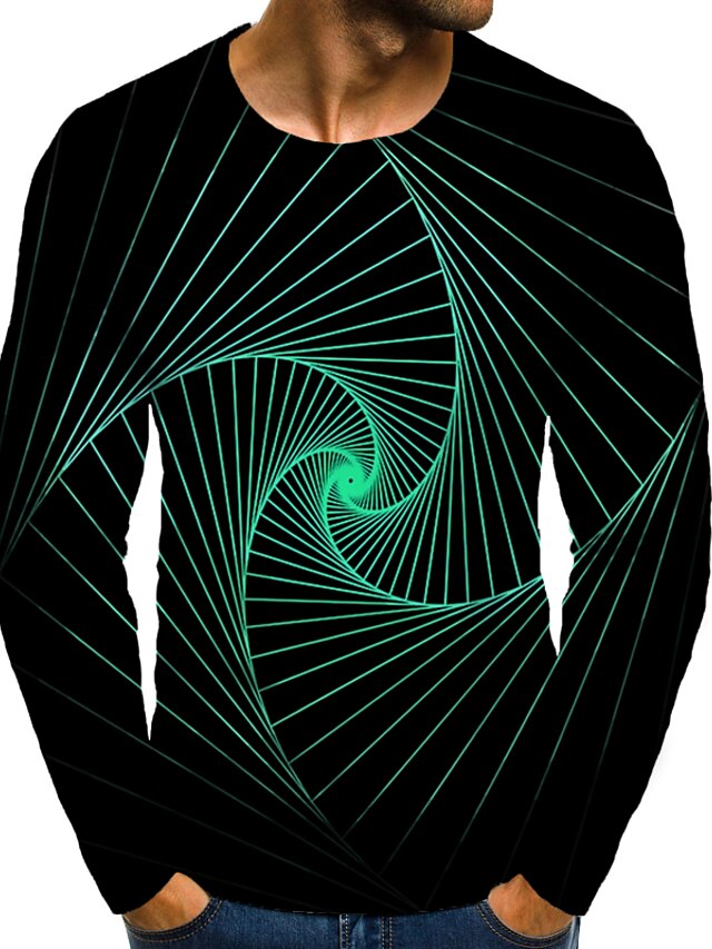  Men's T shirt 3D Print Graphic 3D Plus Size Print Long Sleeve Daily Tops Elegant Exaggerated Round Neck Green