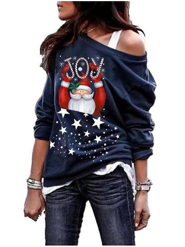  Dame Tegneserie Grafisk Pullover-sweatshirt Kolde skulder Jul Daglig Afslappet Jul Hættetrøjer Sweatshirts Blå Vin militærgrøn