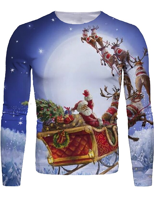  jule t-shirt herre t-shirt grafisk dyr 3d rund hals blå/hvid 3d print jul dagligt tøj med lange ærmer