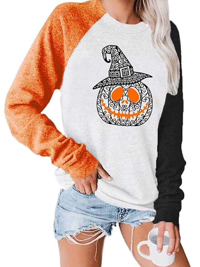  Women's Pullover Sweatshirt Graphic Pumpkin Letter Monograms Daily Casual Halloween Hoodies Sweatshirts  White Black Orange