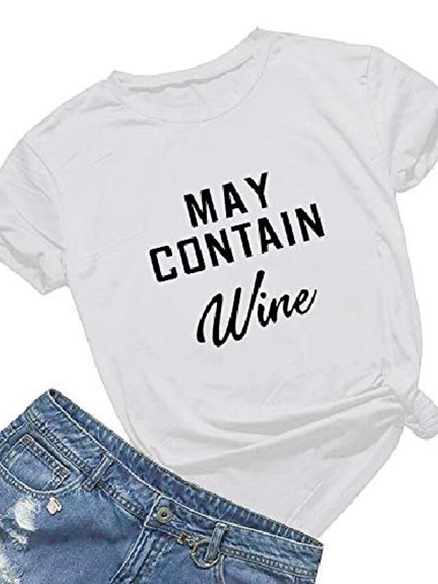  may contain wine t shirt women' s letter print funny wine lovers t-shirt short sleeve tops (white01, s)