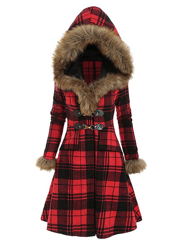  Women's Winter Coat Long Overcoat with Belt Christmas Plaid Party Wear Warm Single Breasted Pea Coat with Fur Collar Fall Trench Coat Dress Jacket Red Black Khaki Elegant Outerwear Casual Jacket