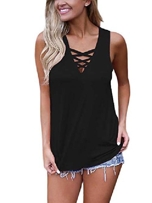  women's summer tank tops criss cross casual solid sleeveless lace up blouse (x-large, black)