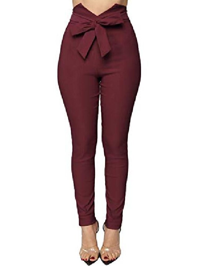  women's v cut paper bag waist pants trousers with front bow tie winered small