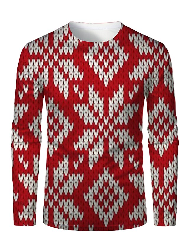  Men's T shirt 3D Print Plaid Graphic 3D Print Long Sleeve  Tops Round Neck Red