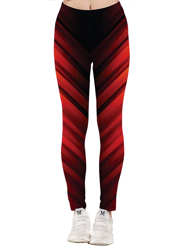  Women's Sporty Yoga Quick Dry Outdoor Sports Daily Leggings Pants Striped Ankle-Length Red