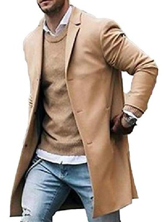  hombres gabardina slim fit cuello con muescas abrigo chaqueta de abrigo largo de un solo pecho