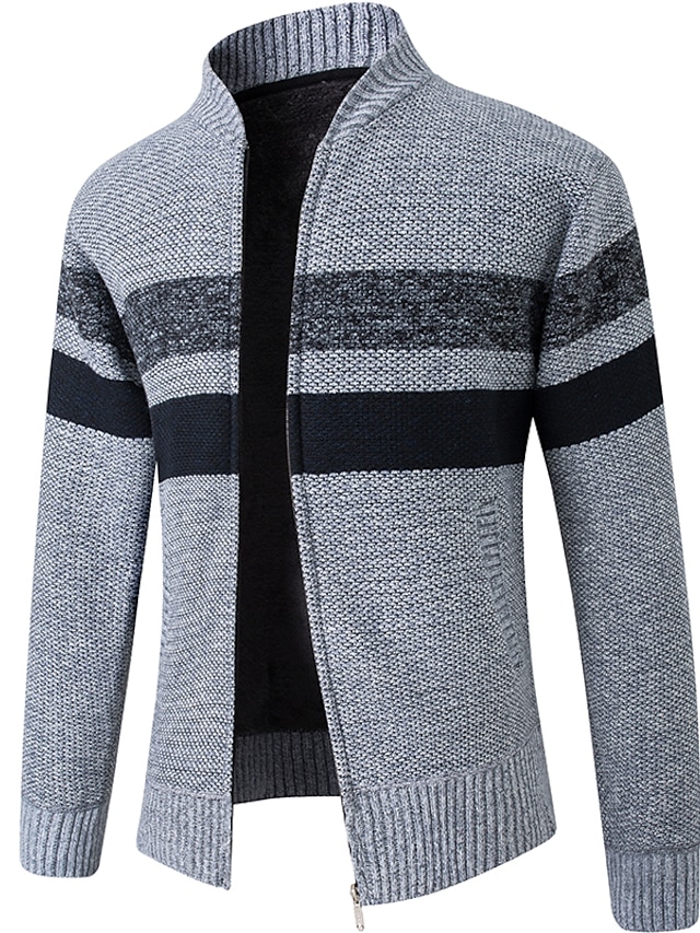  Men's Unisex Cardigan Sweater Striped Sports Full Zip Fleece Knit Casual Keep Warm Sweaters Long Sleeve Sweater Cardigans Fall Winter Stand Collar Blue Light gray Dark Gray / Turtleneck Knitted