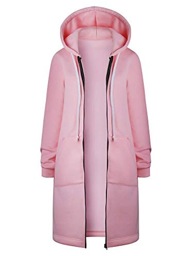  women warm zipper open hoodies sweatshirt long coat jacket tops outwear pink