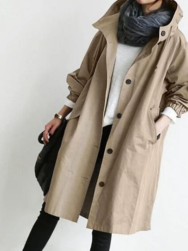  Women's Solid Colored Spring &  Fall Trench Coat Regular Daily Long Sleeve Polyster Coat Tops Black