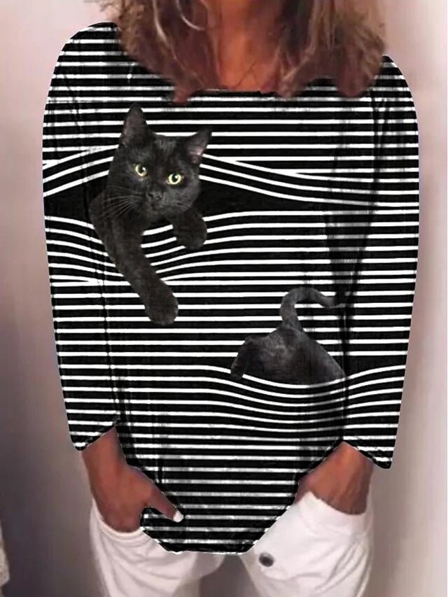  Women's T shirt Striped Cat Long Sleeve Print Round Neck Tops Basic Basic Top Black