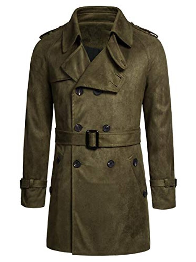  men's classical double breasted trench coat lapel slim fit mid long belted windbreaker jacket army green