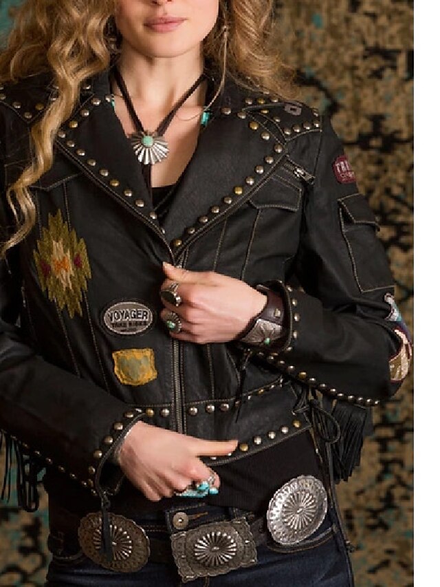  Women's Geometric Tassel Fringe Basic Spring &  Fall Jacket Short Daily Long Sleeve Polyster Coat Tops Black