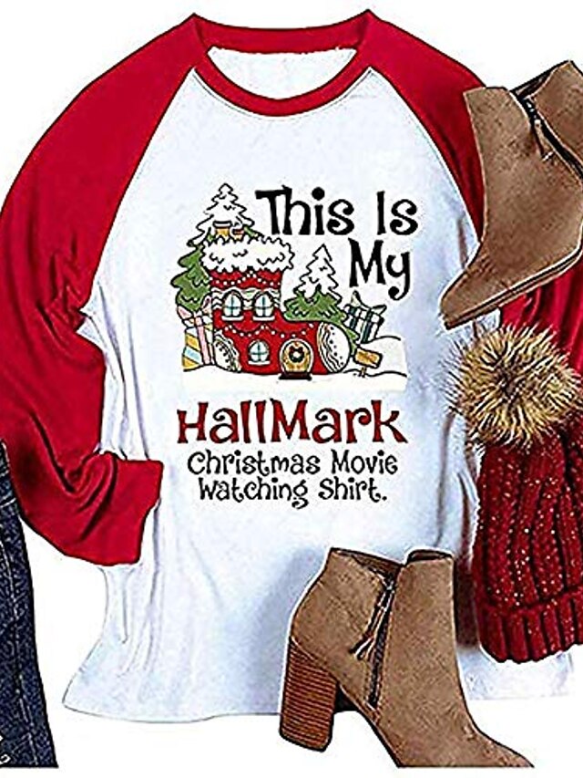 t-shirt til kvinder dette er mit kendetegnende julefilm se skjorte mode afslappet langærmet toppe rød