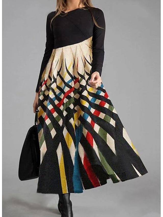  Women's Maxi long Dress Shift Dress Rainbow Long Sleeve Print Striped Color Block Round Neck Fall Winter Personalized Casual Vintage 2021 M L XL XXL 3XL
