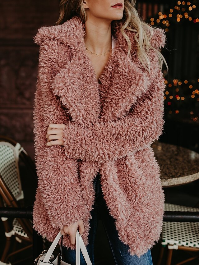  Women's Faux Fur Coat Daily Fall & Winter Long Coat Loose Basic Jacket Long Sleeve Solid Colored Blushing Pink Black
