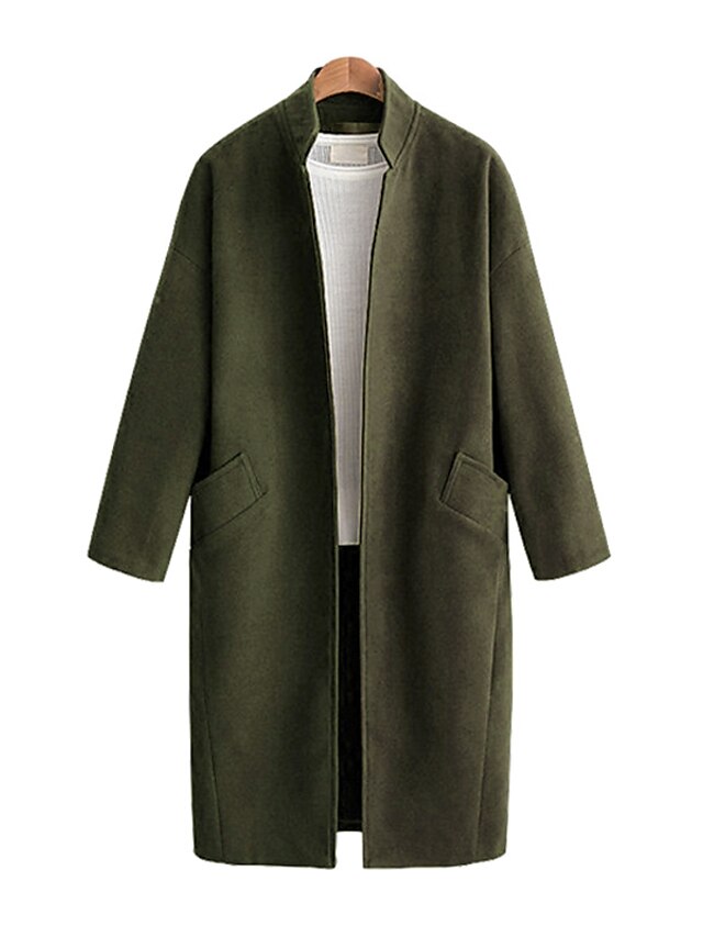  Per donna Tinta unita Autunno inverno Cappotto Lungo Quotidiano Manica lunga Misto cotone Cappotto Top Verde militare