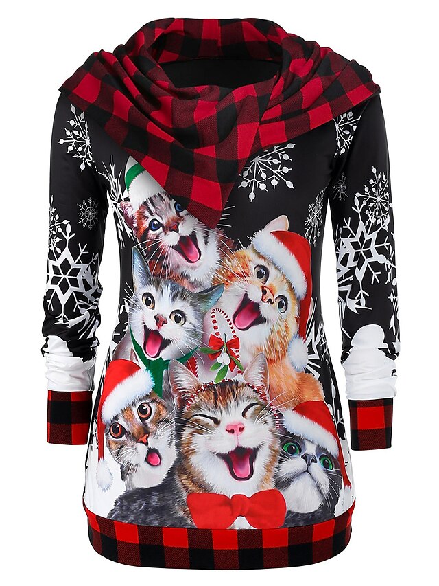  Women's Pullover Hoodie Sweatshirt Print Cat Color Block Daily Casual Christmas Hoodies Sweatshirts  Black