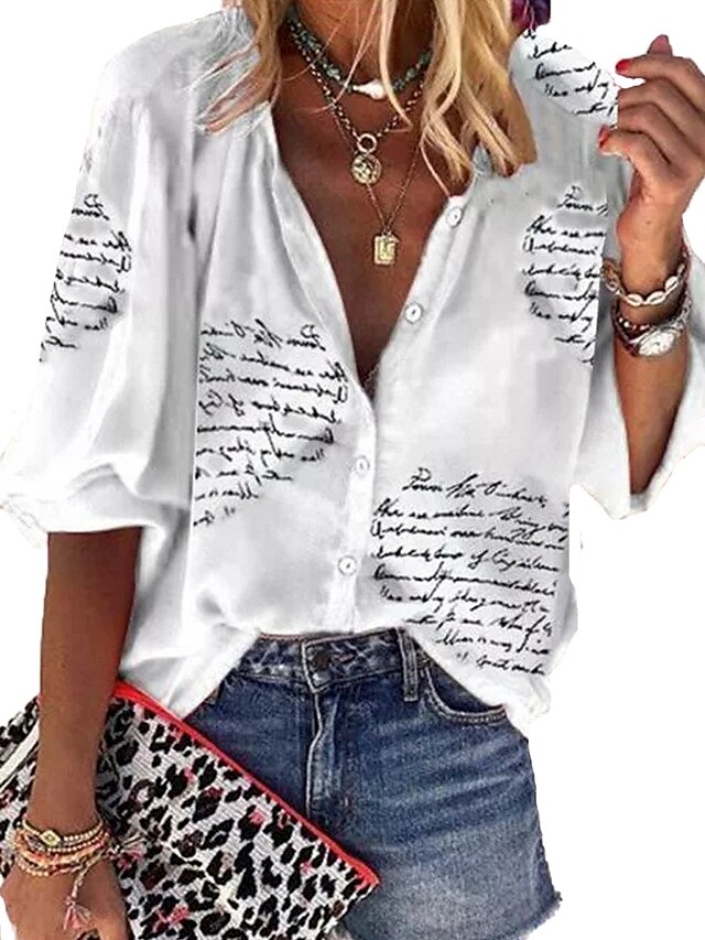  Women's Blouse Shirt Letter Long Sleeve V Neck Tops White