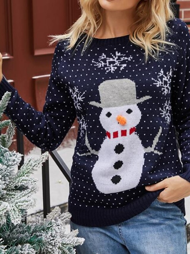  Women's Pullover Animal Knitted Acrylic Fibers Christmas Long Sleeve Loose Sweater Cardigans Fall Winter Crew Neck Gray Navy Blue