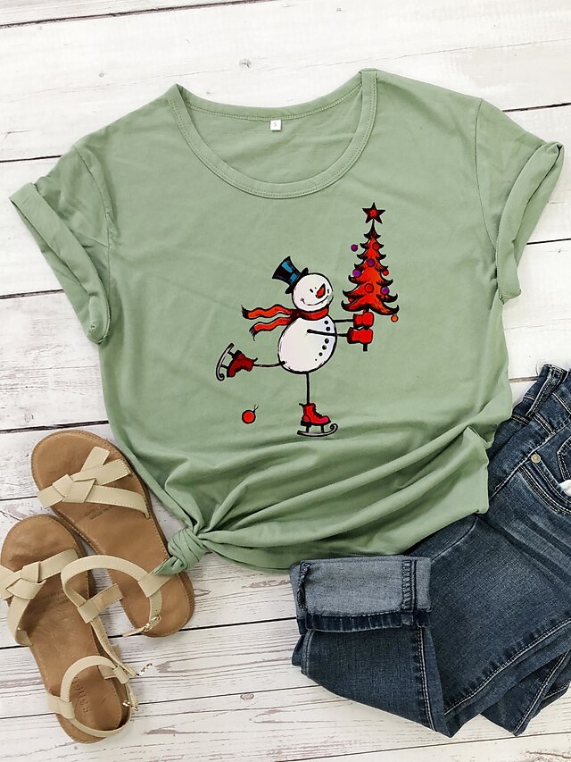  Damen Weihnachten T-Shirt Grafik-Drucke Schneemann Druck Rundhalsausschnitt Oberteile 100% Baumwolle Grundlegend Weihnachten Basic Top Weiß Purpur Rote