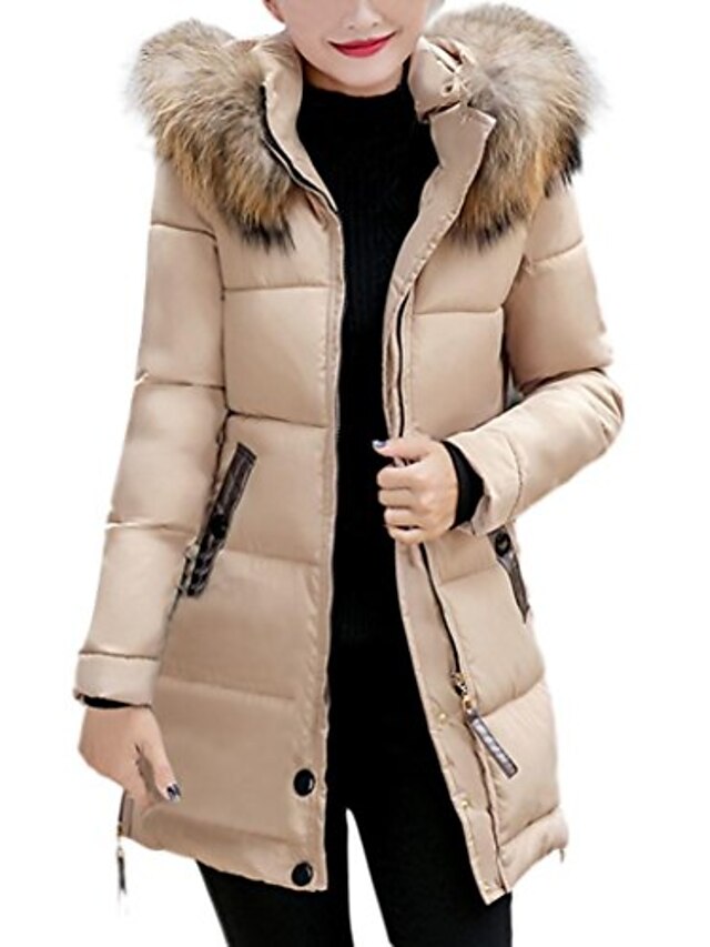  Women's Down Solid Color Fur Trim Classic & Timeless Fall Winter Outerwear Long Coat Outdoor Long Sleeve Jacket khaki / Lined