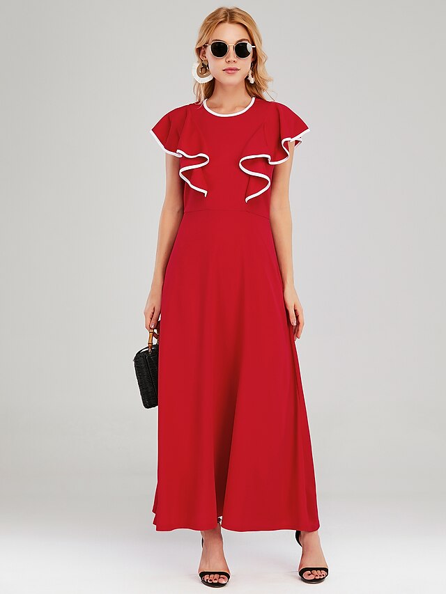  Mujer Vestido de una línea Vestido largo maxi Rojo Sin Mangas Color sólido Volante Retazos Primavera Verano Escote Redondo Elegante Casual 2021 S M L XL