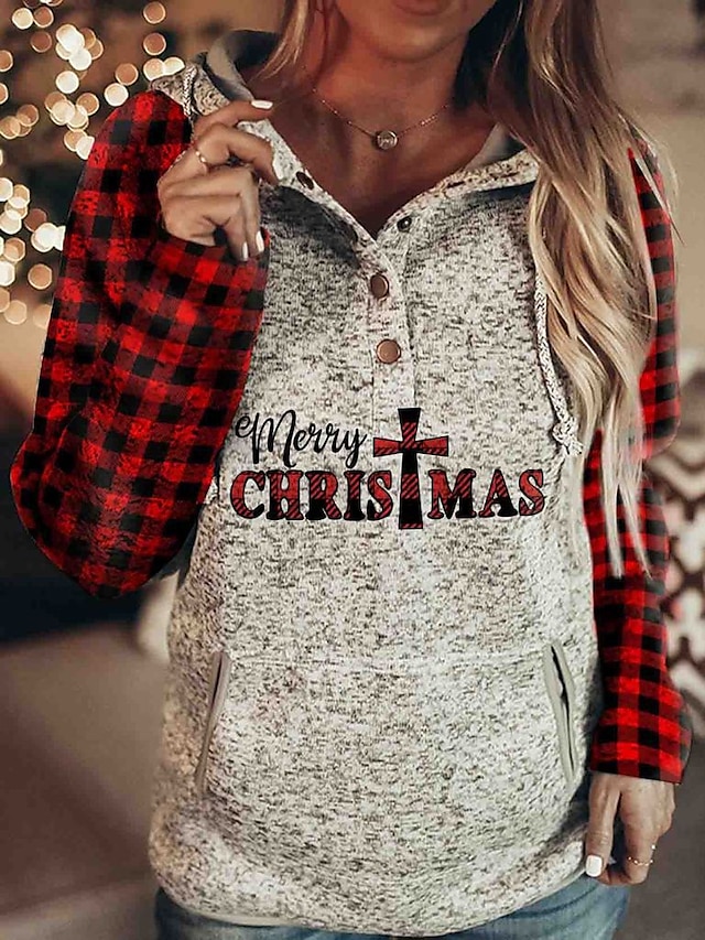  Women's Hoodie Pullover Hooded Graphic Color Block Letter Christmas Gifts Christmas Christmas Clothing Apparel Hoodies Sweatshirts  Gray