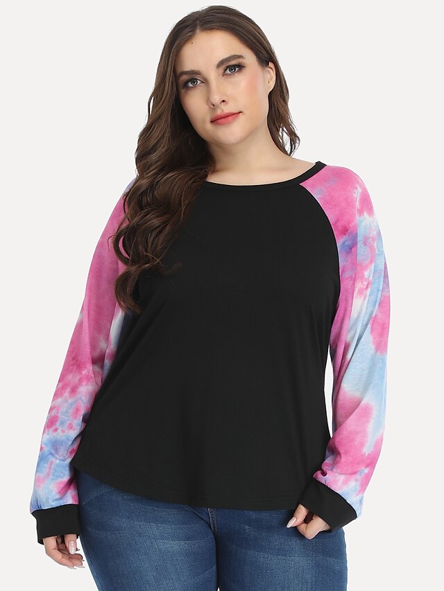  Per donna Taglie forti Blusa Camicia Colorato a macchie Manica lunga Rotonda Essenziale Top Rosa
